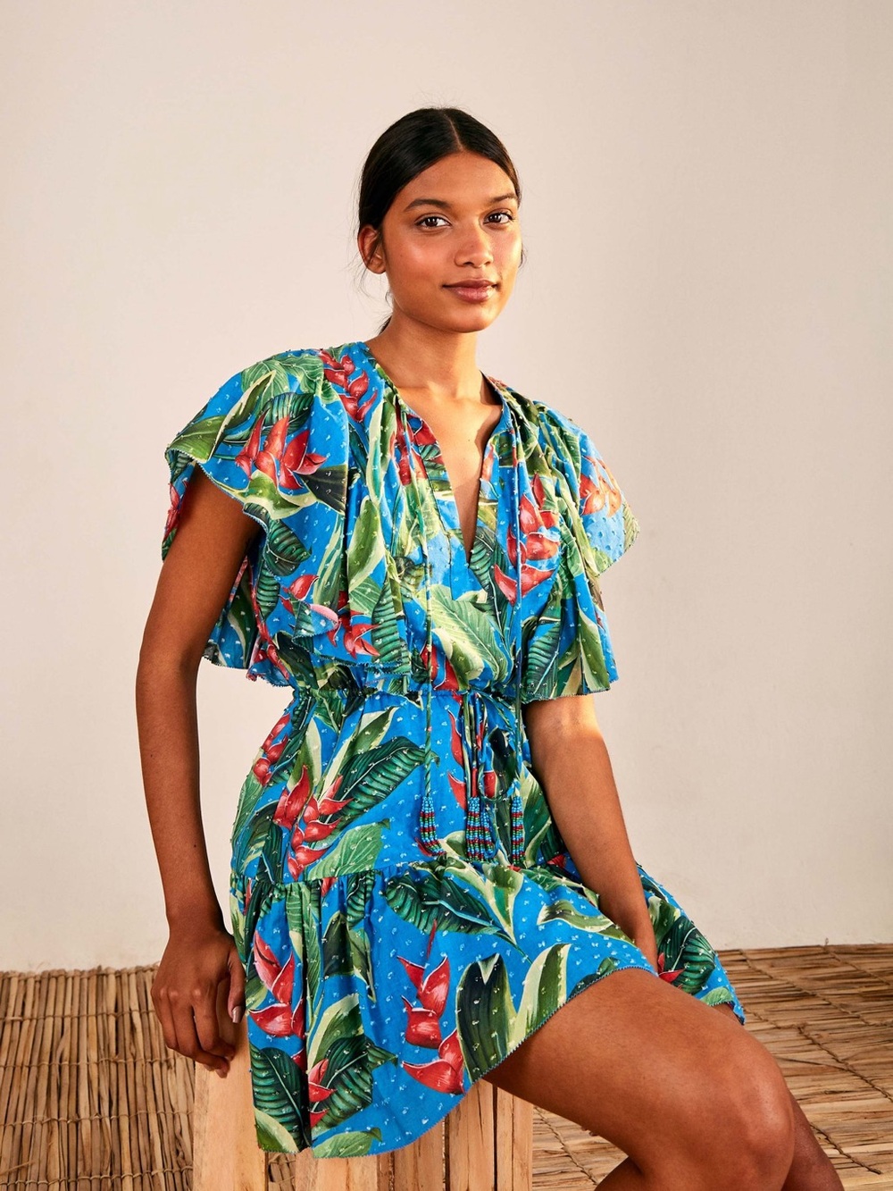 FARM Rio Teal Blue Tropical Print Tie-Front Dress